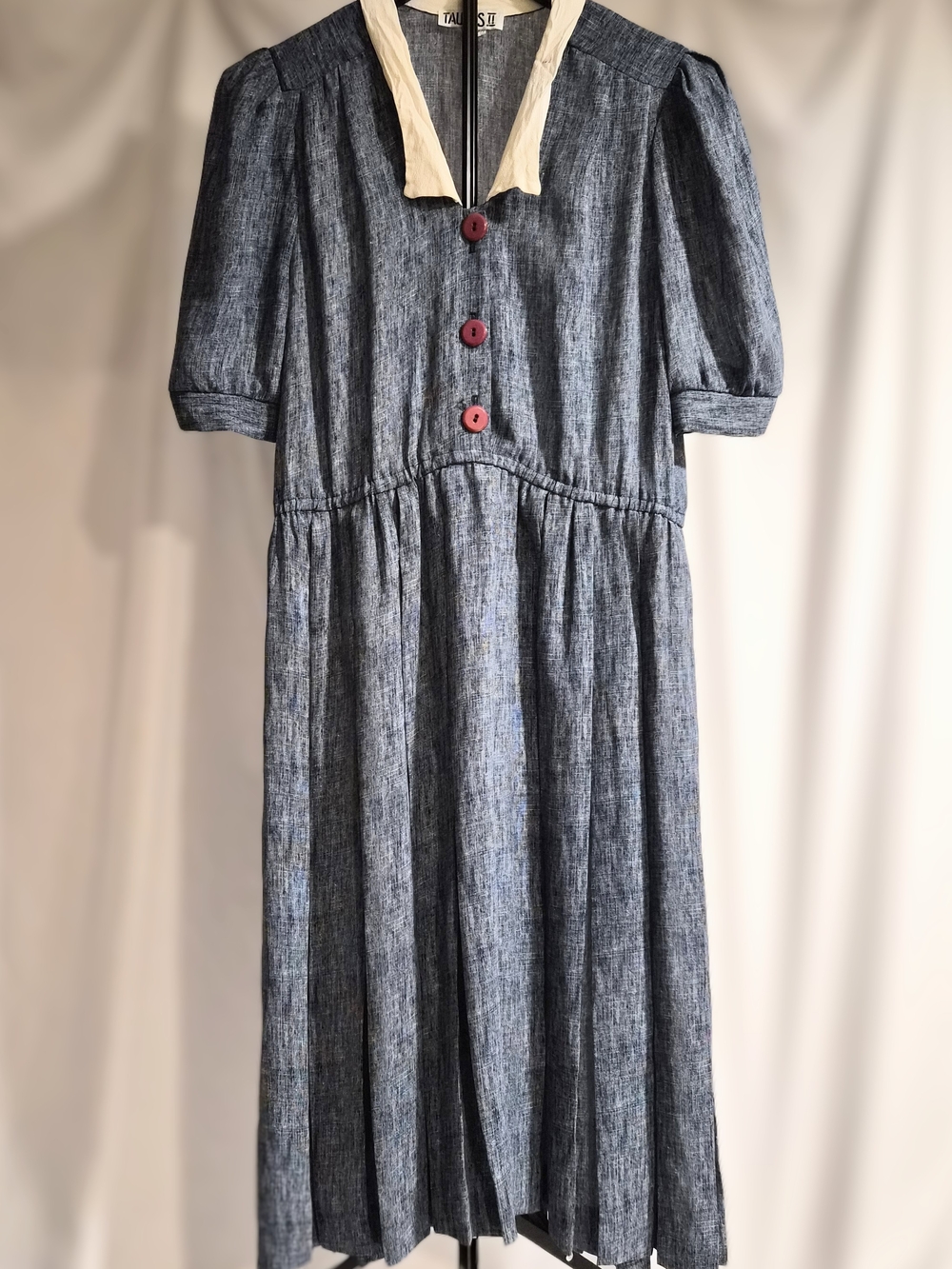 Vintage 80s Taurus II Blue Midi Dress | 40s Style | Contrast Collar